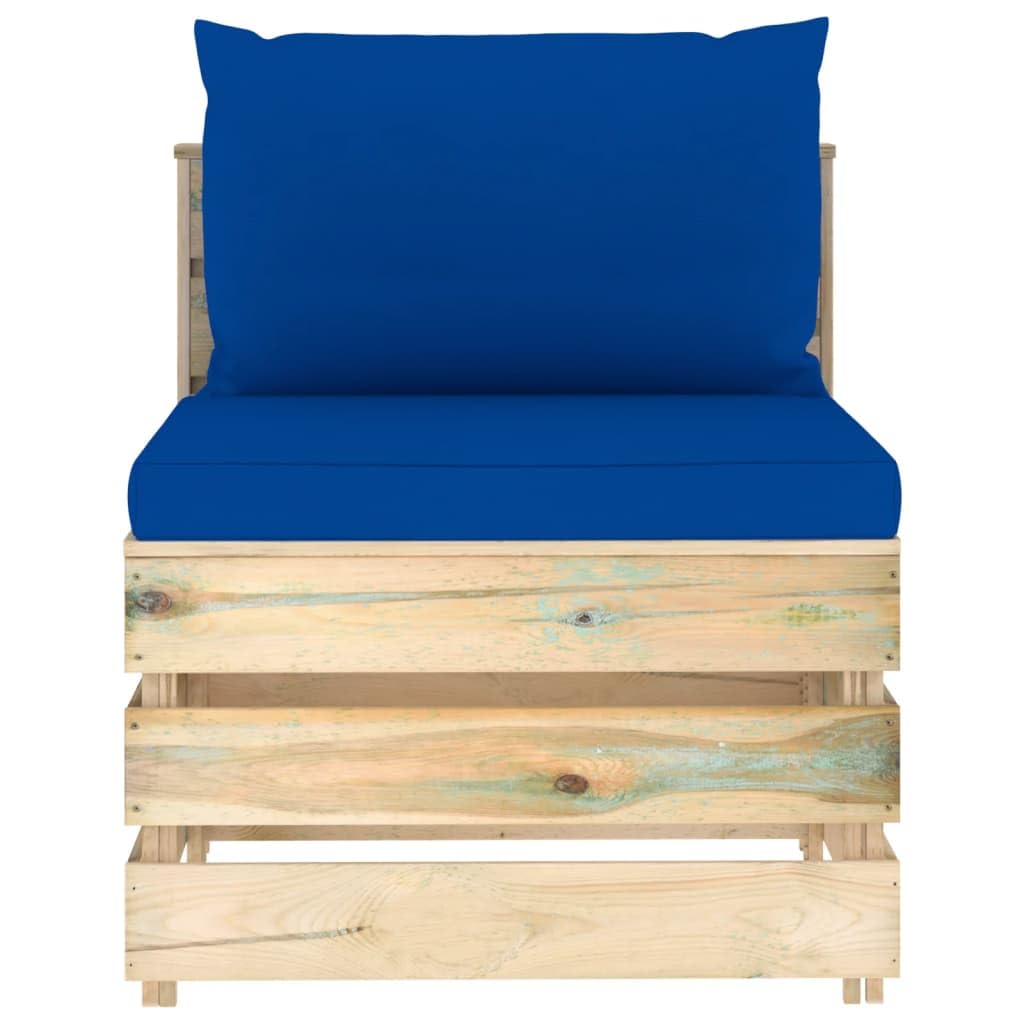 Divano centrale modulare in legno di pino impregnato verde con cuscini blu per salotto esterno, giardino, patio, terrazzo, veranda, set relax componibile con seduta e schienale