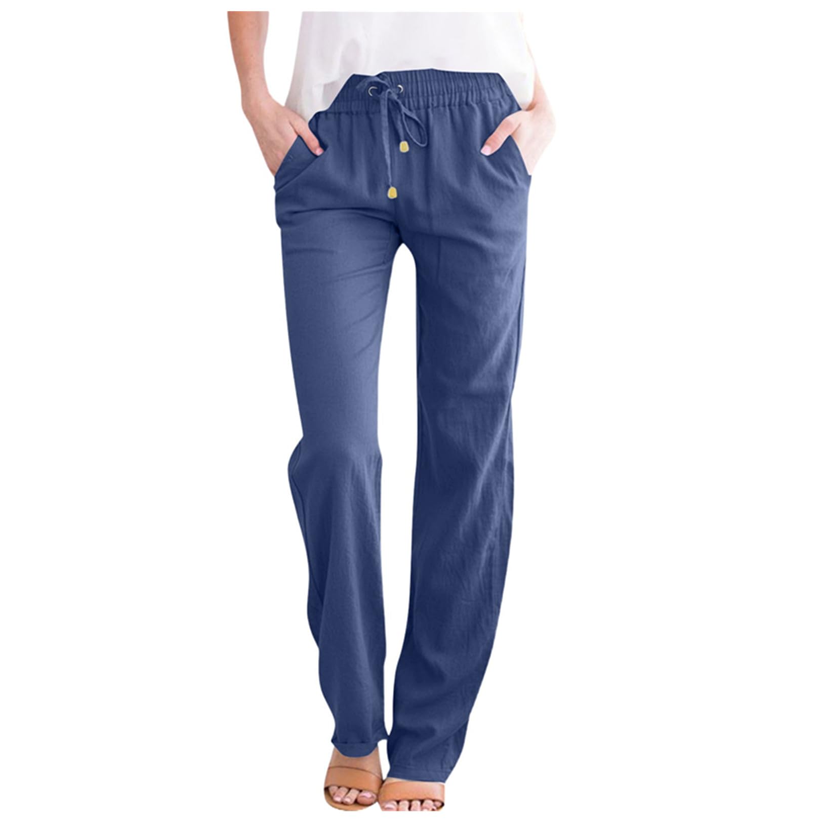 ZLQRSSWK Leinenhose Damen Hose Sommer Musselin Hosen Stoffhose Einfarbig Freizeithose Gerade Geschnitten Sommerhose und Taschen Sommerhose Damen Leicht Baumwolle Leinen Hose