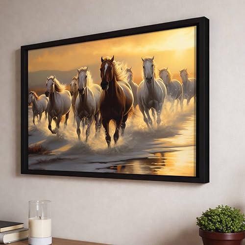 Image of 9 Running Horses Vastu Framed Wall Art Painting | Strength & Forward Energy Nine Horse Painting With Frame for Living Room, Home & Office, 10x12 Inch