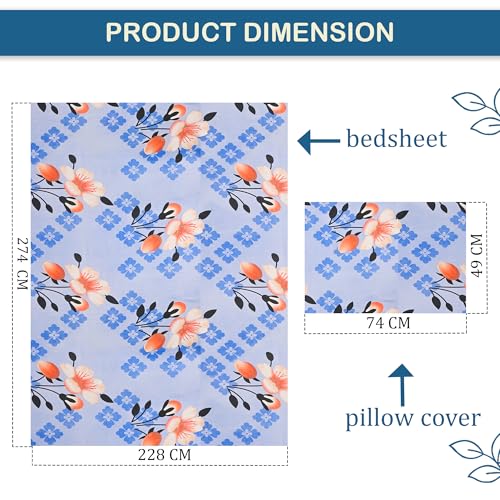 Image of Kuber Industries Cotton ‎100 TC Double Bedsheet With 2 Pillow Covers | Machine Washable Soft Bedsheet For Living Room, Home & Hotels | Flower Print - Light Blue