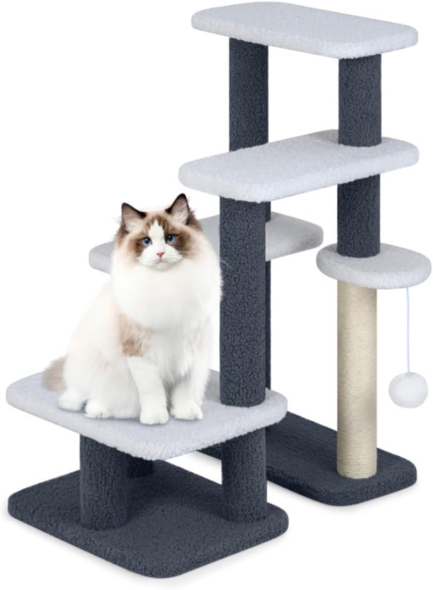 2-in-1 Cat Stairs & Tree 4 Levels - 24.5"×16"×30" Pet Steps with Sisal Scratching Post & Plush Dangling Ball, 33LBS Load for Elderly Cats Short-Legged Dogs, Gray