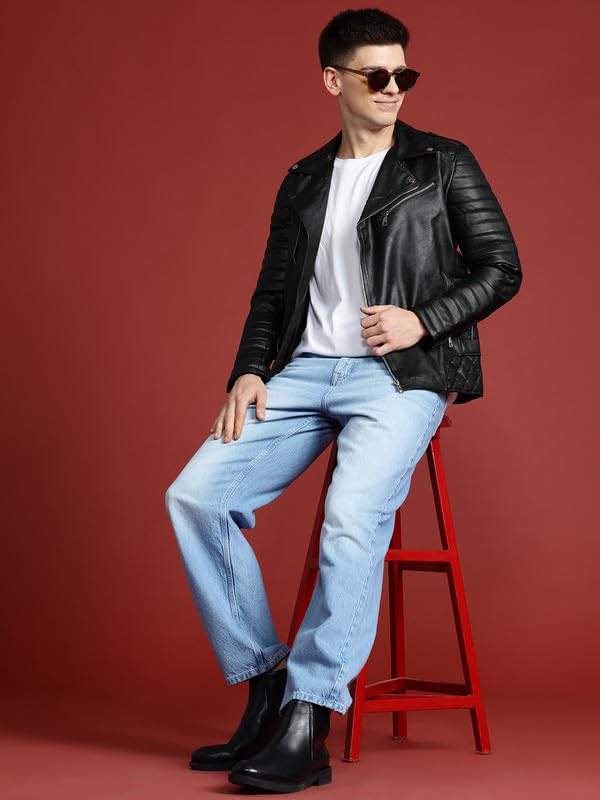 Image of Leather Retail Men's Sleek Black Faux Leather Roadies Biker Jacket