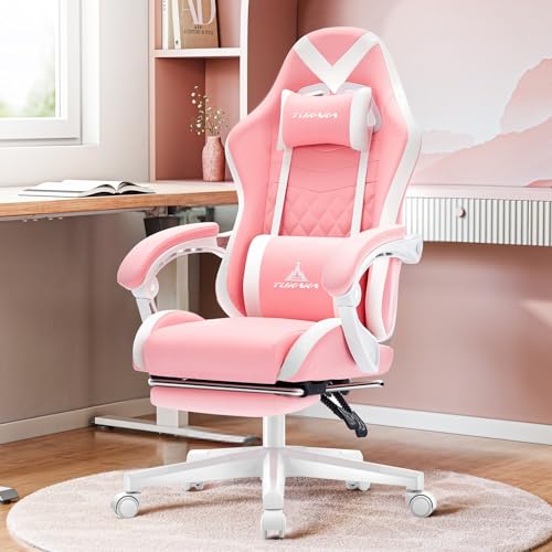 Image of Gaming Chair,Ergonomic Massage Office Desk Chair with Footrest,Pink | Pocket Spring Cushion,Reclining,Thick High Back,Headrest and Lumbar Support,Adjustable Leather Computer Chair Gamer Chair