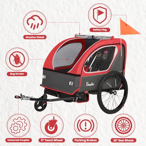 Image of Sepnine Kids Bike Trailer, 2 in1 Canopy Carrier Converts to Pushcart Suitable for 1 to 2 Toddlers, Kids, Quick Attach to Bike, Foldable, with 5-Point Harness and Storage Bags