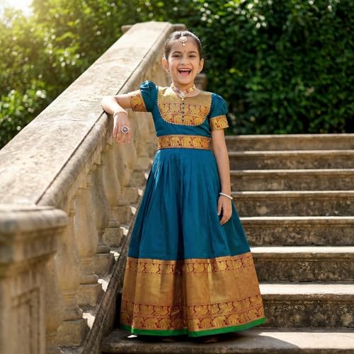 Image of Girls Silk Pattu Gown for Kids Traditional South Indian Long Ethnic Dress | Baby Girl Festival Pavadai Sattai Style Party Wedding Birthday Special Occasion Outfit