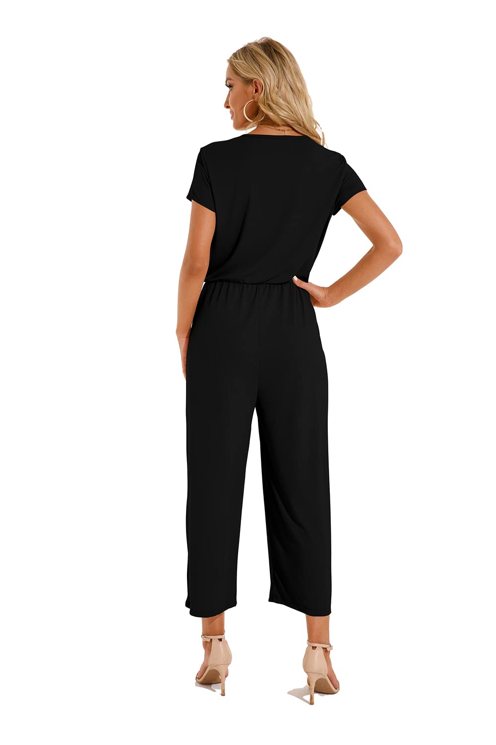Cassiecy Jumpsuit Damen Elegant Kurzarm Playsuit V-Ausschnitt Casual Lose Overalls Lang Romper
