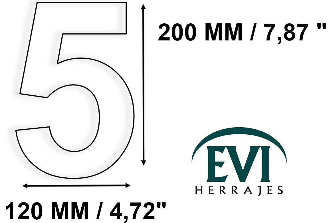 EVI Herrajes | Número Adhesivo para Casas | Nº 5 | Altura 200mm | Acero Inoxidable | Para Paredes, Fachadas, Portales o Puertas | Para Exterior e Interior | Mod. I-200AM-5