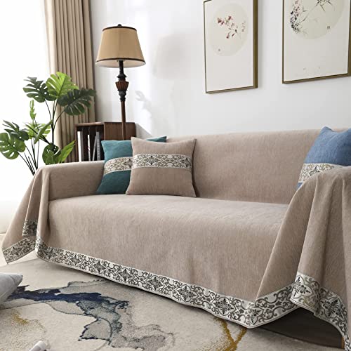 Bestdesil Brown Sofa Covers, Chenille Couch Covers For 3 Cushion Couch Sofa, Sectional Couch Cover For Dogs Cats, Boho Aesthetic Couch Cover With Lace Edge, 71" X 118" #TOP1