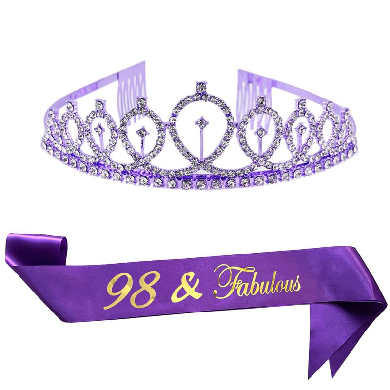 ALRBE TIN Birthday Crowns for Women 98 & Fabulous Sash and Tiara Birthday Crown for Women Girls Birthday Party Favors Decorations Purple