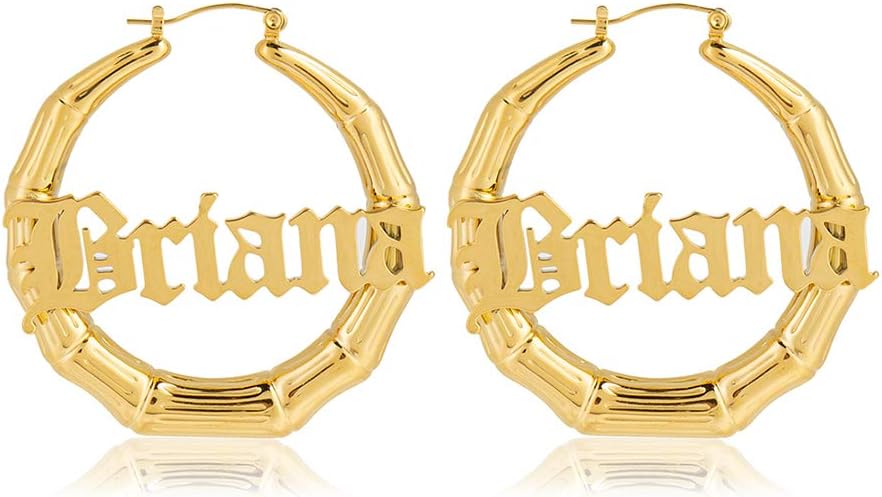 Gemszoo Custom Name Earrings Personalized Bamboo Hoop Gold Earrings with Any Name Jewelry Gift for Women Her