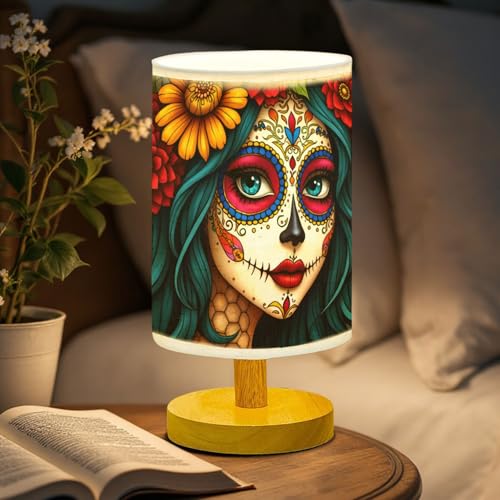 44memory Sugar Skull Girl Table Lamp LED 3-Color Pressed Bedside, Sugar Skull Girl Shade Lamp with Wood Base for Bedroom Living Room Desk Office TL01