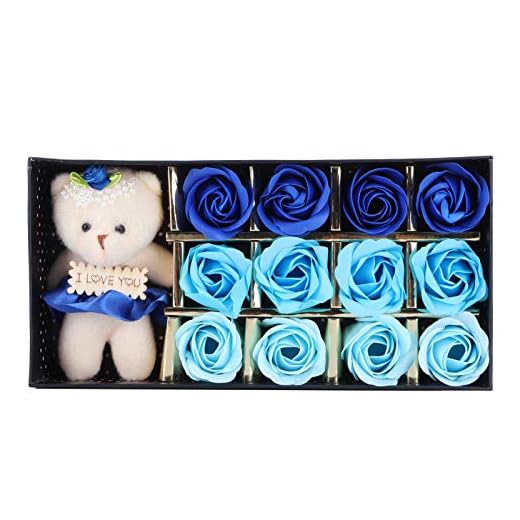 Flor artificial perfumada 12 peças caixa de presente de flor rosa ecologicamente correta, com boneca de urso para mãe para dia dos namorados para dia de ação de(12 flores + urso gradiente azul)