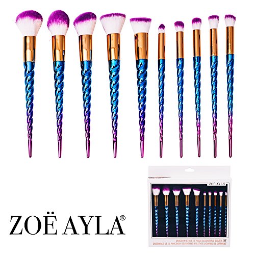 Makeup Brush Set - Zoë Ayla - Unicorn Style 10 Piece Essentials Brush Set - Complete 10 Piece Brush Set - Ergonomically Designed, Cruelty Free Synthetic Hair, Provide a Flawless Application
