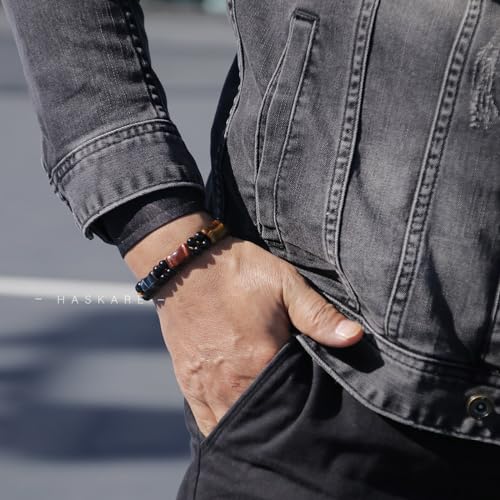 HASKARE Healing Crystals Tiger Eye Bracelets for Men, Mens Jewelry Beads Protection Crystal Tigers Eye Bracelet, Genuine Stone Bead Bracelet Anxiety Relief Drawstring Flatbead Bracelets Gift for Him4