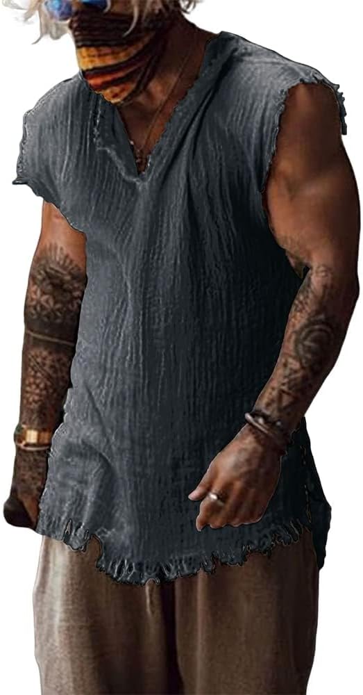 Men's Linen Tank Top Summer Cotton Raw Edge Solid Color Sleeveless Casual V-Neck T-Shirt for Men