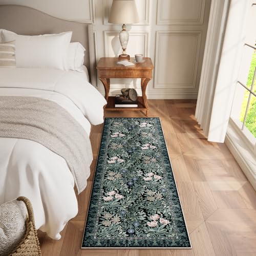 Image of Washable Runners for Hallways Area Rugs 2x6 Black Green Vintage Floral Botanical Pattern Perfect for Soft Hallway Rug Carpet for Kitchen Bedroom Bathroom Laundry Room