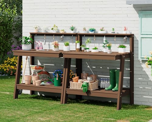 SERWALL Potting Bench Outdoor with Storage Set of 2, 3-Tier HDPE...