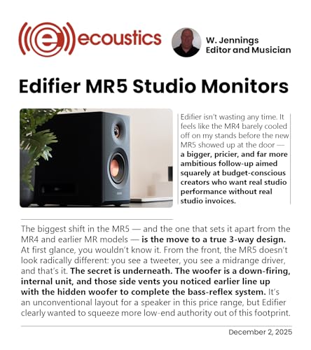 Edifier MR5 2.0 Studio Monitor Bookshelf Speakers, 110W(RMS), Hi-Res Audio, Bluetooth 6.0, 3-Way Active Design, Room Compensation, XLR/TRS/RCA Inputs, Compact Size for Home Studio & Music - Black - Image 5