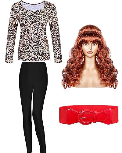 Bonuci 4 Pcs Halloween 80s Costume Married Women Leopard Printed Tops Tights Copper Red Wig Wide Stretchy Belt for Cosplay (Small)