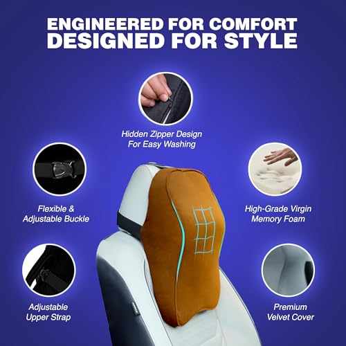 Image of WELLGIVER Orthopedic Memory Foam Car Neck Rest Pillow - Cervical Support Cushion for Neck Pain Relief, Adjustable Strap - Universal Fit for All Cars | TAN Velvet | Pack of 2