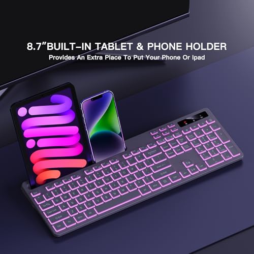 Image of Soueto Wireless Keyboard with 7-Color RGB Backlit, Full-Size Computer Keyboard with Phone Tablet Holder, 2.4G Rechargeable Gaming Keyboard with Light Up Keys, Compatible with Mac, Windows (Grey)