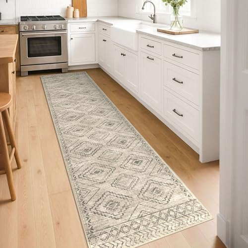 KILOCOCO Hallway Runner Rug 2'x8' Runners for Hallways Washable Runner Rug Non Slip Rubber Backed Low-Pile Runners for Bedroom Kitchen Living Room Laundry Room Boho Rugs, Beige/Gray/Green