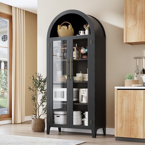 GarveeHome Arched Kitchen Pantry Cabinet - Farmhouse 5 Tier Display Shelf with Adjustable Shelf and 2 Large Glass Doors, Versatile Storage Cupboard for Kitchen, Dining Room, Living Room, Bla