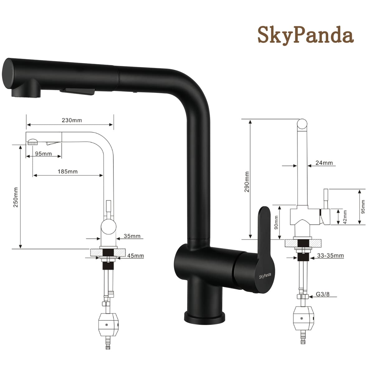 SkyPanda - Rubinetto da cucina con rubinetto mobile, doccetta con 2 modalità di spruzzo, girevole a 360° con miscelatore spruzzatore estraibile, in acciaio inox SUS304, colore nero opaco