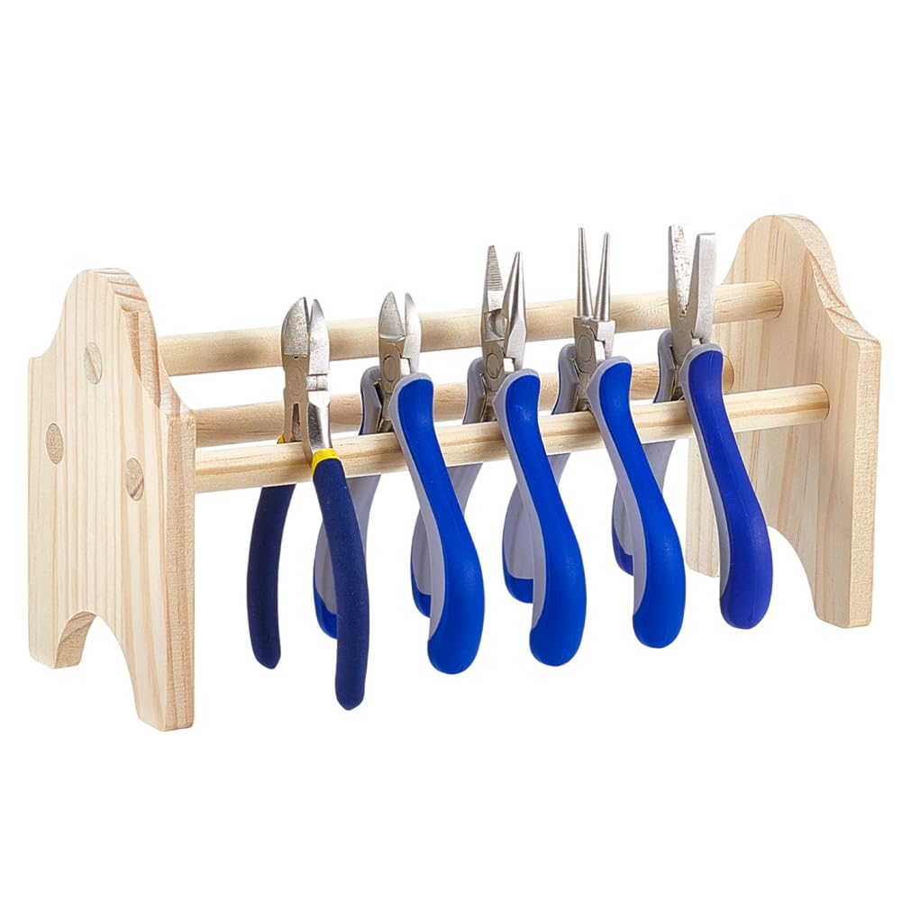 BENECREAT 25x9.5x12.7cm/9.8x3.7x5 Inch Mini Wood Pliers Rack, Jewelry Pliers Holder Rack Bench Top Organizer for Jewelers Work Bench Studio Tool Shed Storage Tongs