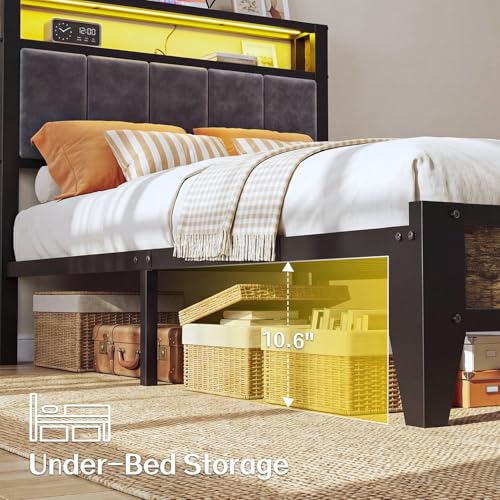 Image of OLEVS Twin Bed Frame with LED Light Storage Headboard and Charging Station Type C, Metal Platform Bed Twin Size,No Box Spring Needed, Noise Free, Easy Assembly