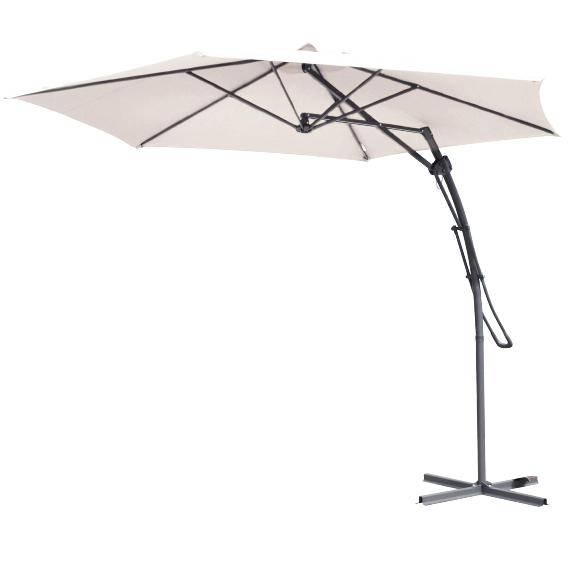3 Metres Steel Easy Lever Push Up Cantilever Crank Handle Free Standing Parasol Umbrella With Cross Base Garden Patio Outdoor Sunshade Sunbathing 360° Rotating Swivel Sun Protection (White)