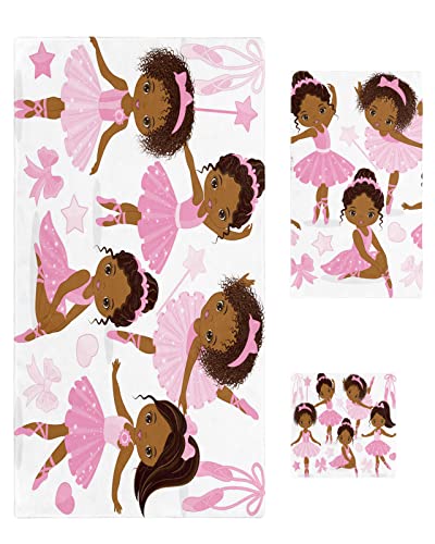 Cute Black Ballerina Girl 3 Piece Towel Sets, 1 Bath Towel 30x60 inch, 1 Hand Towel 16x28 inch, 1 Washcloth 13x13 inch, Cartoon Pink Bow Dance Soft Absorbent Towels for Bathroom, Hotel