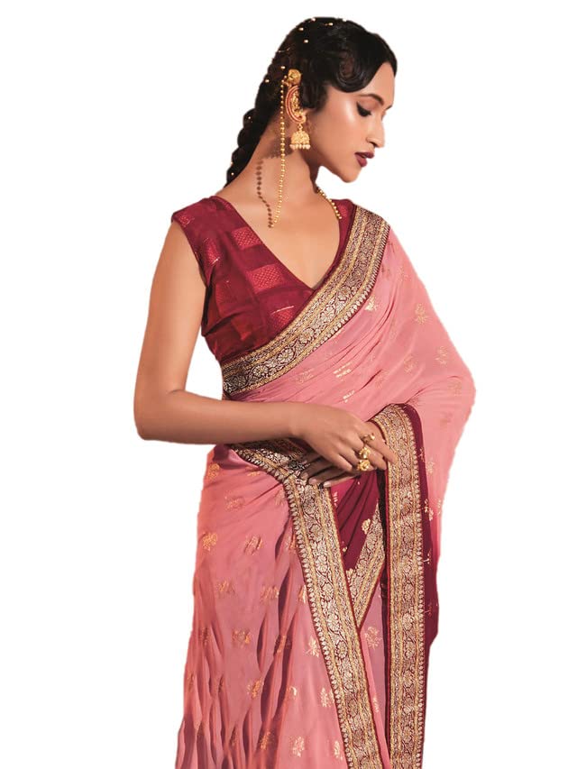 Image of SIRIL Women's Lace & Foil Printed Georgette Saree with Unstitched Blouse Piece(2826S471 Pink, Maroon)