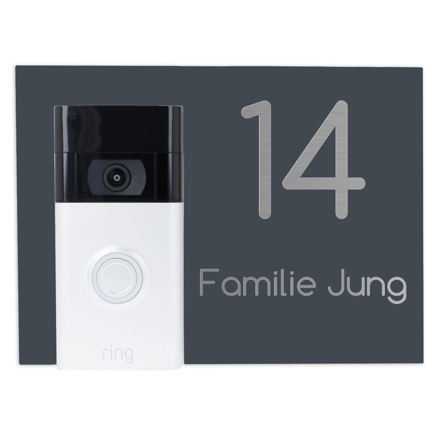 Jung Edelstahl Design Modernes V2A Edelstahl Türschild anthrazit RAL7016 pulverbeschichtet optimiert für Ring Akku-Videotürklingel Klingelschild 20x14,5 cm Haustürschild individuell personalisierbar