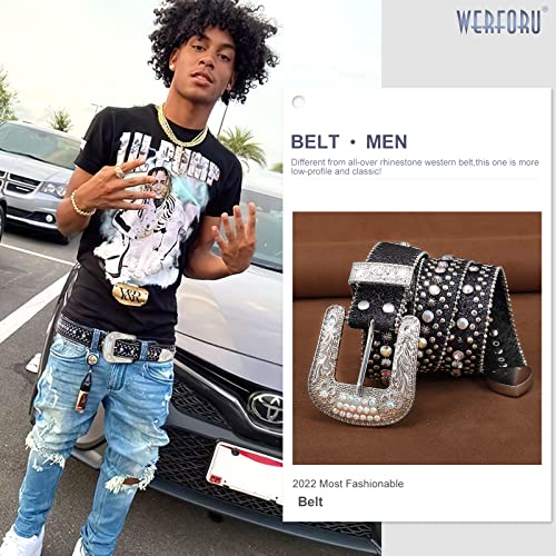 Werforu Men Women Rhinestone Western Rhinestone Studded Western Leather Belt Ladies Vintage Bling Cowboy Cowgirl Waist Belt For Jeans Pants,Fit Waist Size 26"-30", Black #TOP2