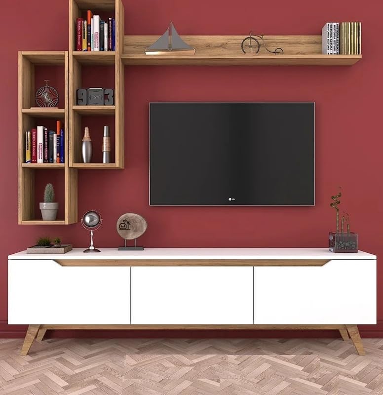 Spyder Craft Matte Finish D3 Engineered Wood TV Entertainment Unit Wall Mounted with Shelf for Living Room, Bedroom, Color: Bangali & White || Assembly-DIY (Do-It-Yourself)