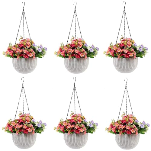 Image of Go Hooked Pots | Plastic | Hanging Pot | White | Pot Diameter- 7.1 Inch | Pot Height-4.8 Inch | Pot Thickness-3 mm | Chain Length-13 inch Approx. | 6 Pieces