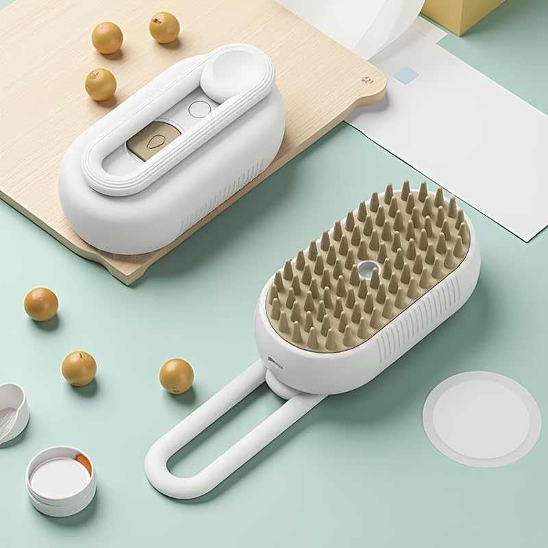 Cepillo de pelo de mascotas y masajeador con limpieza a vapor, peine de aseo de doble propósito para gatos y perros, asa, cerdas y base de goma, funcionamiento de bajo voltaje, húmedo/uso, diseño