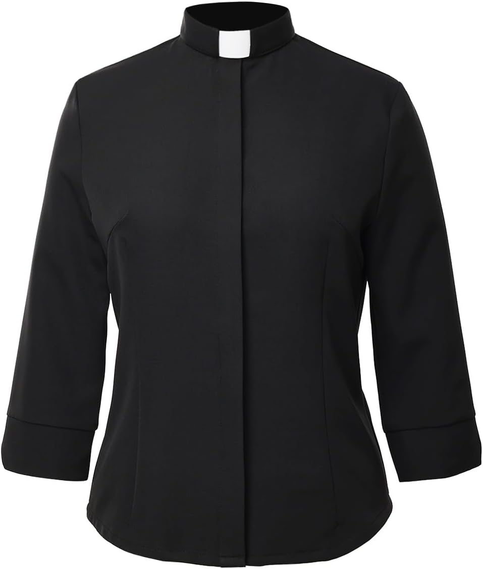 Womens Clergy Shirt Tab Collar 3/4 Sleeve Round Tailed Button Down Blouse