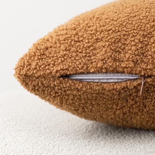 Image of Foindtower Pack of 2, Curly Faux Fur Decorative Throw Pillow Covers Soft Fuzzy Plush Cushion Case with Zipper Cozy Pillowcase for Home Living Room Couch Bed Sofa 18 x 18 Inch, Bronze