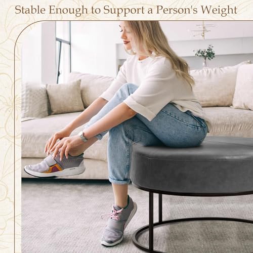 Image of BALLIAA Modern Round Coffee Table, Farmhouse Ottoman for Living Room, Large Vintage Faux Leather Coffee Tables with Leather Upholstered Padded Seat [Round, Vintage Gray, 30'']