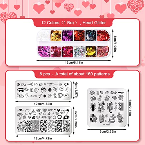 Whaline 6Pcs Valentine's Day Nail Art Plates with 1 Box Valentine's Day Nail Glitter Heart Patterns Stamping Plates Square Rectangular Image Stamp Templates Stamping Kit for DIY Nail Art Decoration - Image 4
