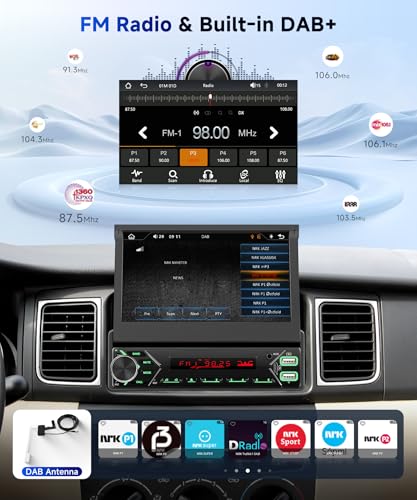 DAB/DAB+ Single Din Car Stereo with Wireless Carplay Android Auto, Hodozzy 7 inch Motorized Flip Out 1 Din Touch Screen Bluetooth Car Radio with Mirror Link/EQ/FM/USB/Type-C/AUX/Mic+ Reversing Camera