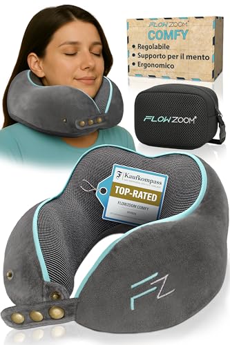 FLOWZOOM Comfy Cuscino da Viaggio in Schiuma Memory per Aereo e Auto – Cuscino per il Collo Regolabile con Supporto a 360°, Fodera Vellutata Lavabile e Sacchetto in Rete per il Trasporto – Grigio