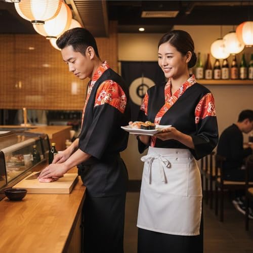 Veste de chef japonais avec imprimé de vagues unique et manches 3/4