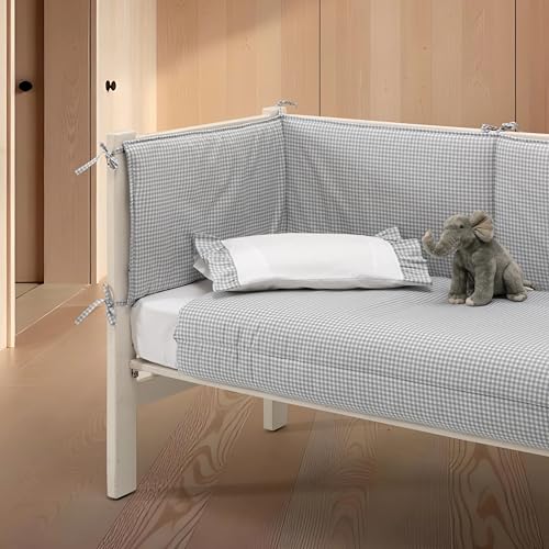 Casa da Laura - Chichonera de Cuna Vichy Gris - Maxi Cuna de 70 x 140 cm - 100% Algodón - 300 gr./m2 - Estampado Cuadrado de Vichy - Fabricado en Portugal