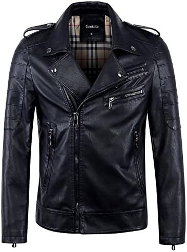 chouyatou Men&#39;s Vintage Asymmetric Zip Lightweight Faux Leather Biker Jacket