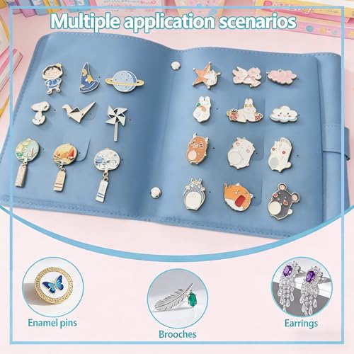 Image of Enamel Pin Display Book - 4 Page Leather Travel Organizer for Collectors, Portable Lapel Pin Holder with Secure Storage, Compact Pin Trading Book (Blue)