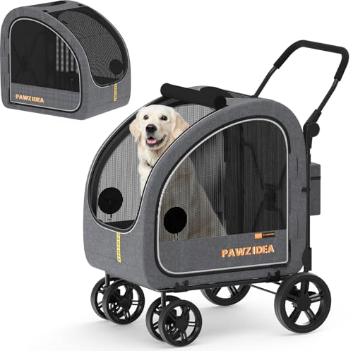 PAWZIDEA Passeggino per cani di grandi dimensioni, extra large, con trasportino staccabile, fino a 50 kg (grigio)