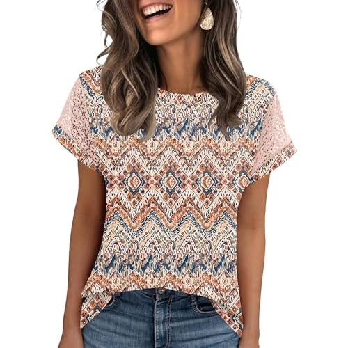 Ivicoer Womens Tops Lace Short Sleeve Blouses Dressy Casual Summer Tshirts Business Outfits Boho Print X-Large